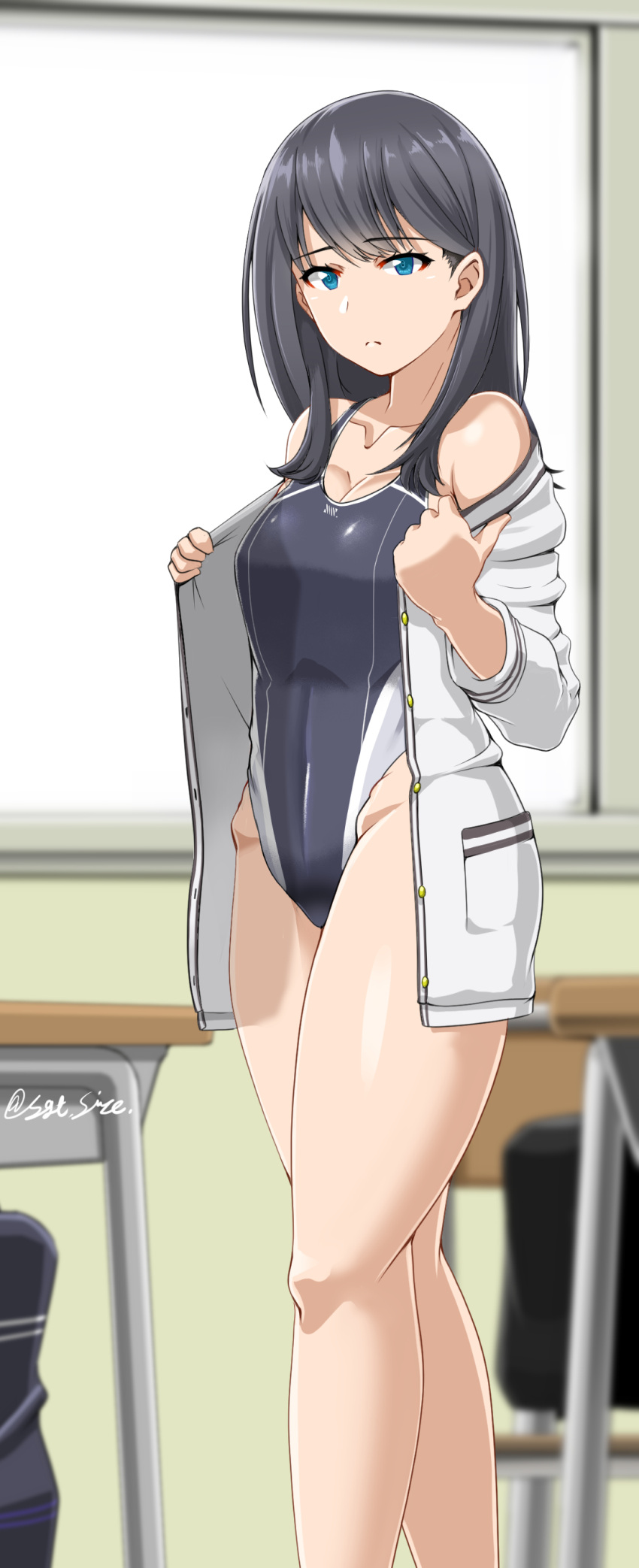 1girl absurdres bag bare_shoulders black_hair blue_eyes blurry breasts cardigan classroom cleavage competition_swimsuit depth_of_field desk frown highleg highleg_swimsuit highres hip_bones long_hair looking_at_viewer medium_breasts one-piece_swimsuit saizu_nitou_gunsou school_bag school_desk solo ssss.gridman standing swimsuit takarada_rikka twitter_username white_cardigan window