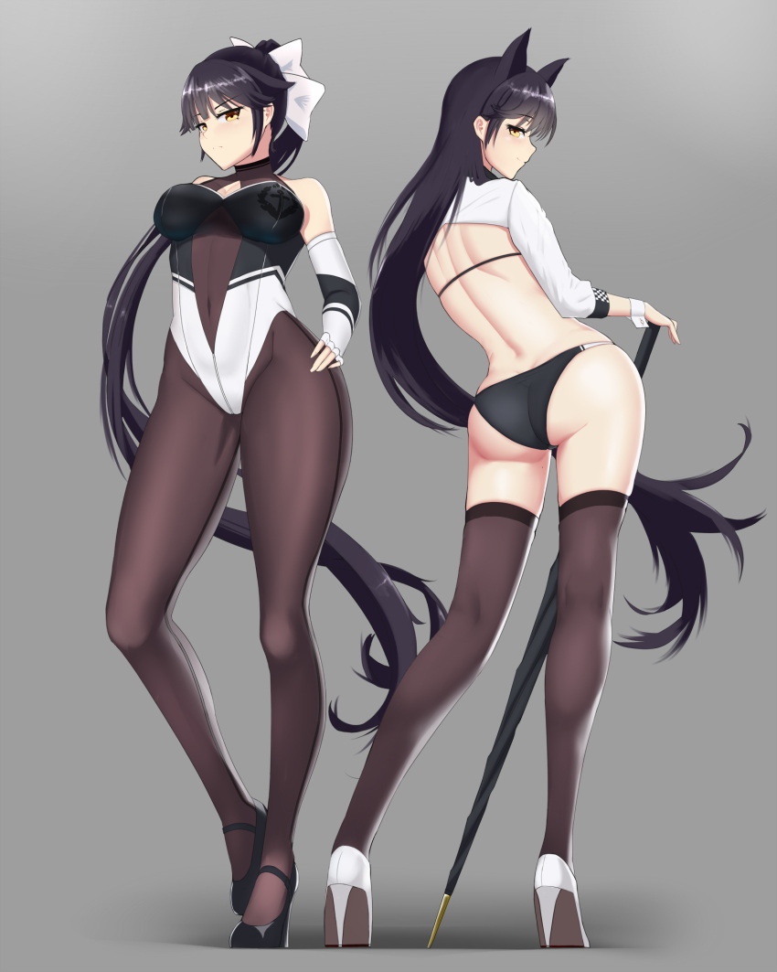 2girls animal_ears ass atago_(azur_lane) azur_lane black_footwear black_hair black_legwear bow brown_eyes butt_crack casual_one-piece_swimsuit center_opening commentary_request covered_navel criss-cross_halter cropped_jacket elbow_gloves fingerless_gloves from_behind full_body gloves grey_background hair_bow hair_flaps halterneck high_heels highres keisoseimeitai long_hair mole mole_under_eye multiple_girls one-piece_swimsuit pantyhose ponytail ribbon standing swimsuit takao_(azur_lane) thigh-highs two-tone_bikini umbrella white_bow white_footwear white_ribbon wrist_cuffs yellow_eyes