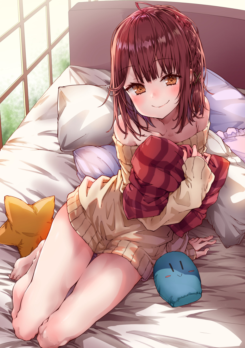 1girl ahoge alt arm_support atelier_(series) atelier_sophie bangs bare_legs bare_shoulders bedroom blush braid brown_eyes brown_hair closed_mouth collarbone commentary_request dress eyebrows_visible_through_hair full_body hair_ornament highres holding holding_pillow indoors looking_at_viewer medium_hair off-shoulder_sweater on_bed pillow ribbed_sweater side_braid sitting sleeves_past_wrists smile solo sophie_neuenmuller star_pillow sweater sweater_dress window yellow_sweater