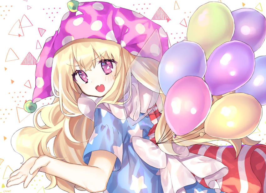 1girl :d american_flag_dress balloon bangs blonde_hair cheunes clownpiece commentary eyebrows_visible_through_hair fairy_wings fang hat highres jester_cap korean_commentary long_hair looking_at_viewer looking_back neck_ruff open_mouth polka_dot polka_dot_hat purple_hat ribbon short_sleeves smile solo sparkling_eyes touhou upper_body v-shaped_eyebrows violet_eyes wavy_hair white_background white_ribbon wings