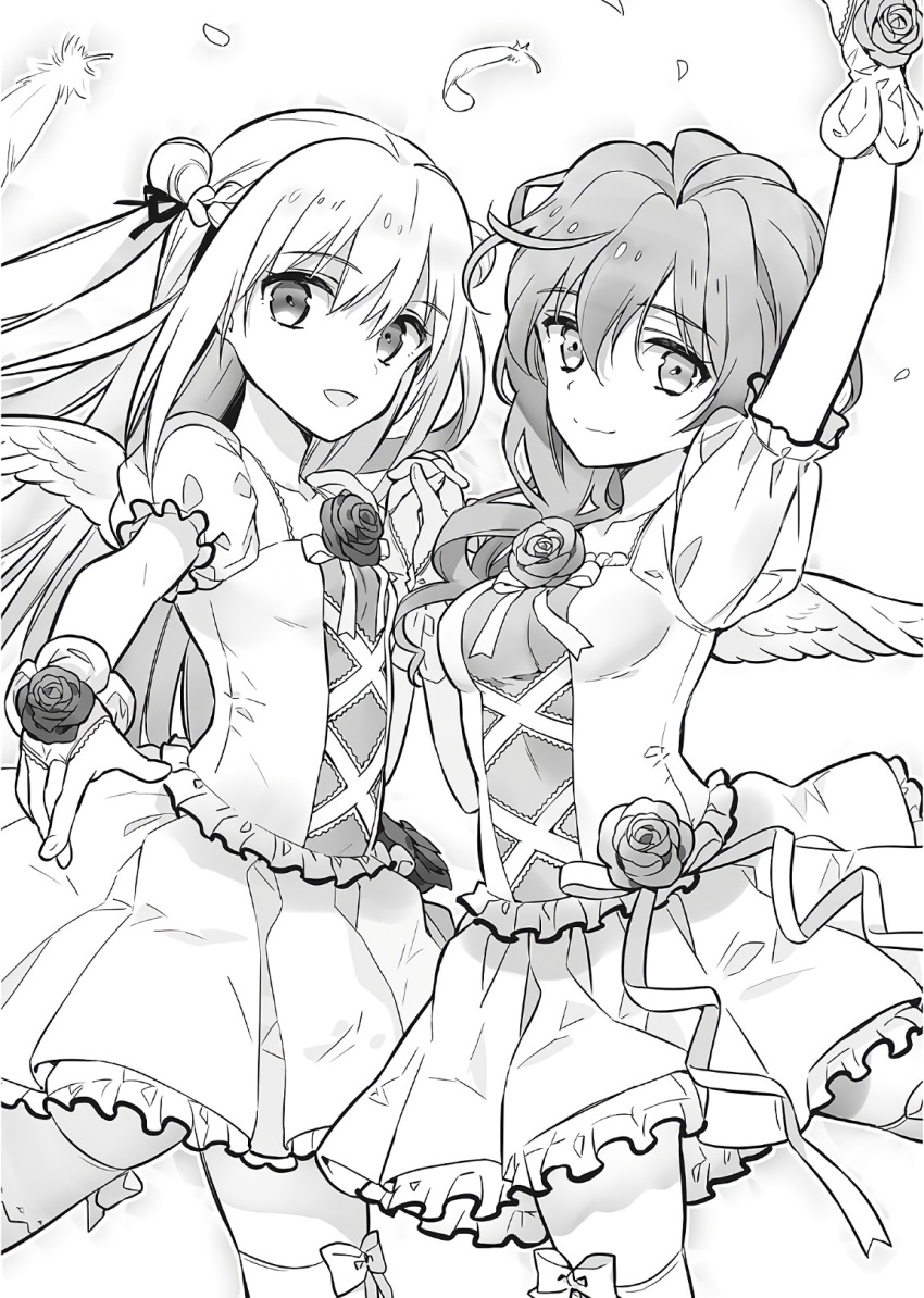 2girls :d arm_up assassins_pride breasts bridal_gauntlets double_bun eyebrows_visible_through_hair feathered_wings floating_hair flower frilled_skirt frills greyscale hair_between_eyes hair_ribbon highres holding_hand interlocked_fingers long_hair looking_at_viewer merida_angel miniskirt monochrome multiple_girls ninomoto novel_illustration official_art open_mouth pleated_skirt ribbon rose sarasha_sikzar shiny shiny_hair skirt small_breasts smile standing thigh-highs wings zettai_ryouiki