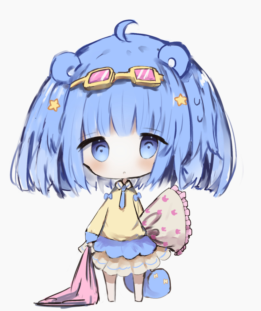 1girl :o animal_ears bangs barefoot blanket blue_bow blue_eyes blue_hair blue_neckwear blush bow chibi collared_shirt commentary_request cottontailtokki eyebrows_visible_through_hair eyewear_on_head frilled_pillow frills full_body grey_background hair_ornament highres holding_blanket long_sleeves necktie original parted_lips pillow pillow_hug pink-tinted_eyewear shirt simple_background skirt solo standing star star_hair_ornament tail white_skirt yellow-framed_eyewear yellow_shirt