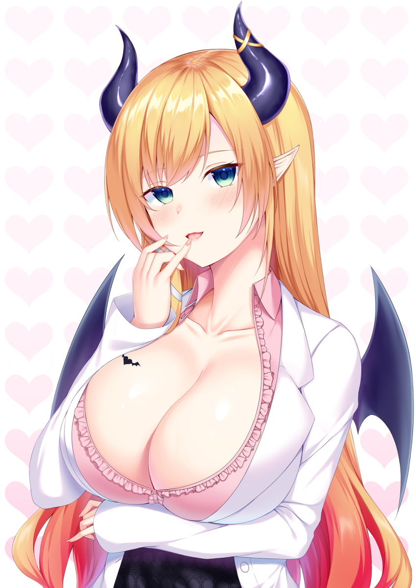 1girl :d arm_under_breasts bangs black_wings blonde_hair blush breast_hold breasts center_frills collarbone collared_shirt commentary_request curled_horns demon_horns demon_wings eyebrows_visible_through_hair fingernails frilled_shirt frills green_eyes heart heart_background highres hololive horns jacket long_hair long_sleeves looking_at_viewer open_clothes open_jacket open_mouth pink_shirt pointy_ears shirt sleeves_past_wrists smile solo upper_body very_long_hair virtual_youtuber white_background white_jacket wings yuzuki_choco zuizhong