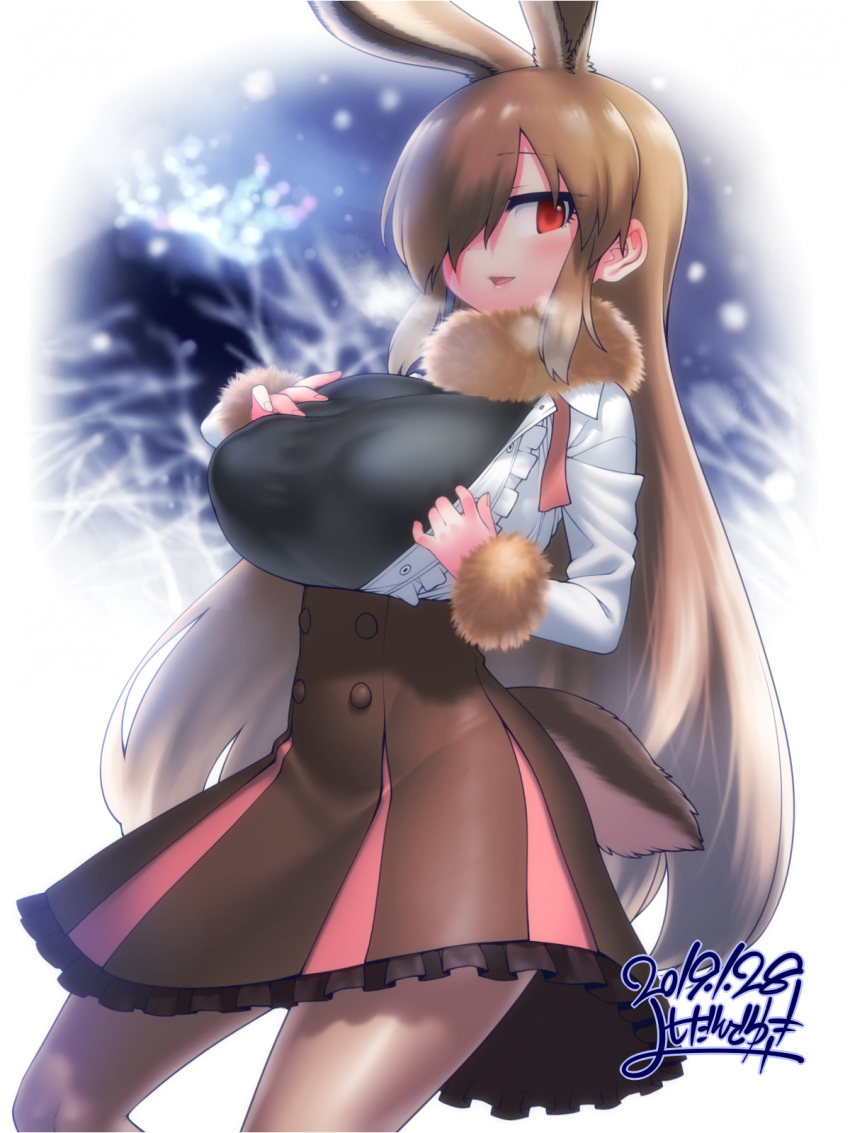 1girl animal_ears breasts breath brown_hair brown_skirt bunny_tail commentary_request dated double-breasted european_hare_(kemono_friends) extra_ears frilled_skirt frills fur-trimmed_sleeves fur_collar fur_trim hair_over_one_eye high-waist_skirt highres huge_breasts kemono_friends long_hair long_sleeves looking_at_viewer parted_lips rabbit_ears red_eyes signature skirt smile solo tail very_long_hair yoshida_hideyuki