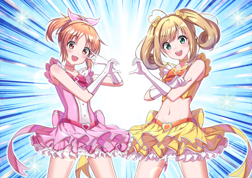 2girls :d abe_nana bangs blonde_hair blush bow bowtie brown_eyes brown_hair choker collarbone crop_top elbow_gloves eyebrows_visible_through_hair gloves green_eyes hair_bow heart heart_hands heart_hands_duo idolmaster idolmaster_cinderella_girls long_hair looking_at_viewer magical_girl midriff miniskirt multiple_girls navel open_mouth orange_neckwear pink_bow pink_skirt pleated_skirt red_bow red_neckwear satou_shin shiny shiny_hair skirt smile standing stomach sutoroa swept_bangs twintails white_gloves yellow_bow yellow_skirt