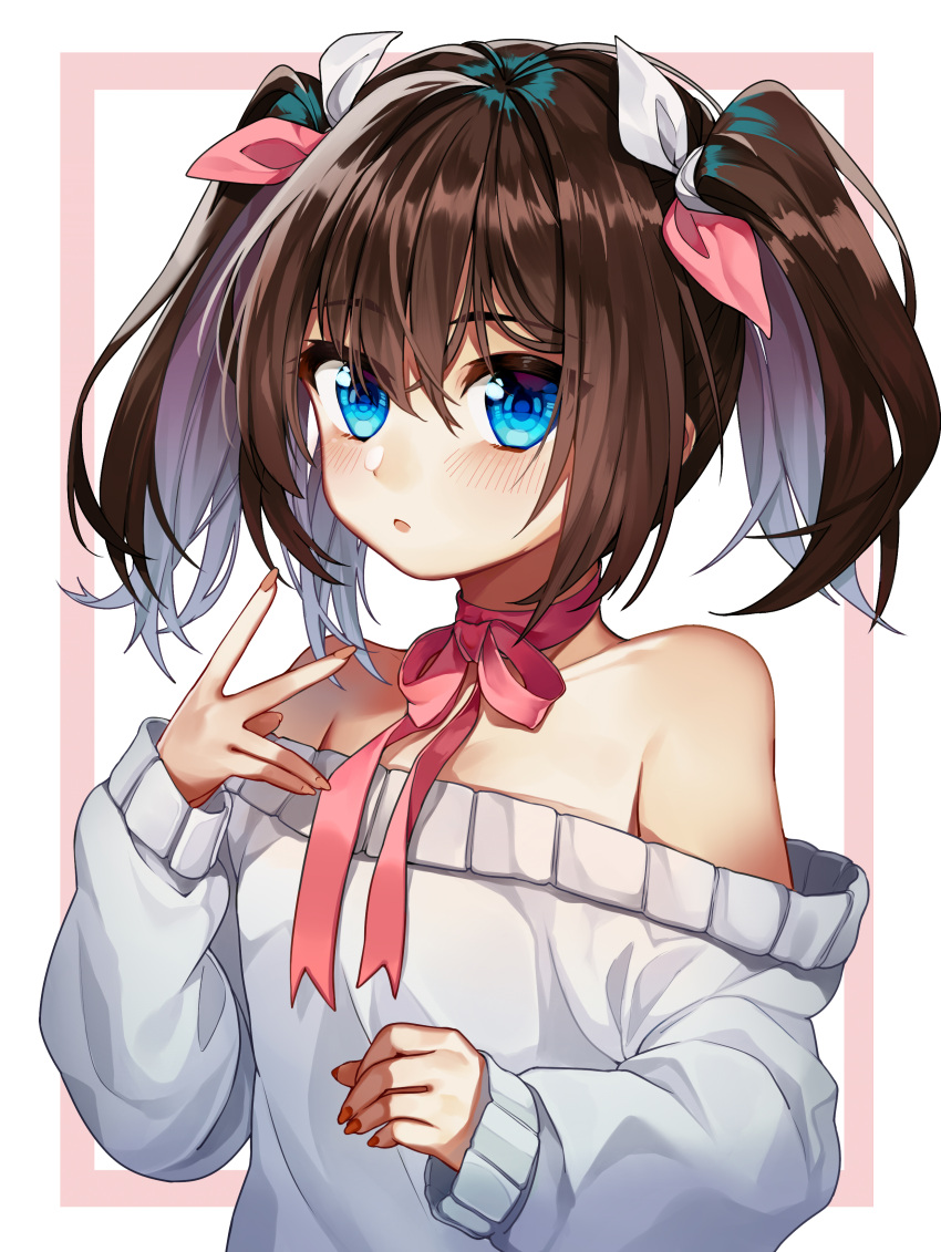 1girl :o absurdres bangs bare_shoulders blue_eyes blush brown_hair collarbone commentary_request eyebrows_visible_through_hair fingernails grey_hair hair_ribbon highres ihachisu long_hair long_sleeves multicolored_hair nail_polish neck_ribbon off-shoulder_sweater orange_nails original parted_lips pink_neckwear pink_ribbon ribbon solo sweater twintails two-tone_background two-tone_hair two-tone_ribbon upper_body v white_background white_sweater