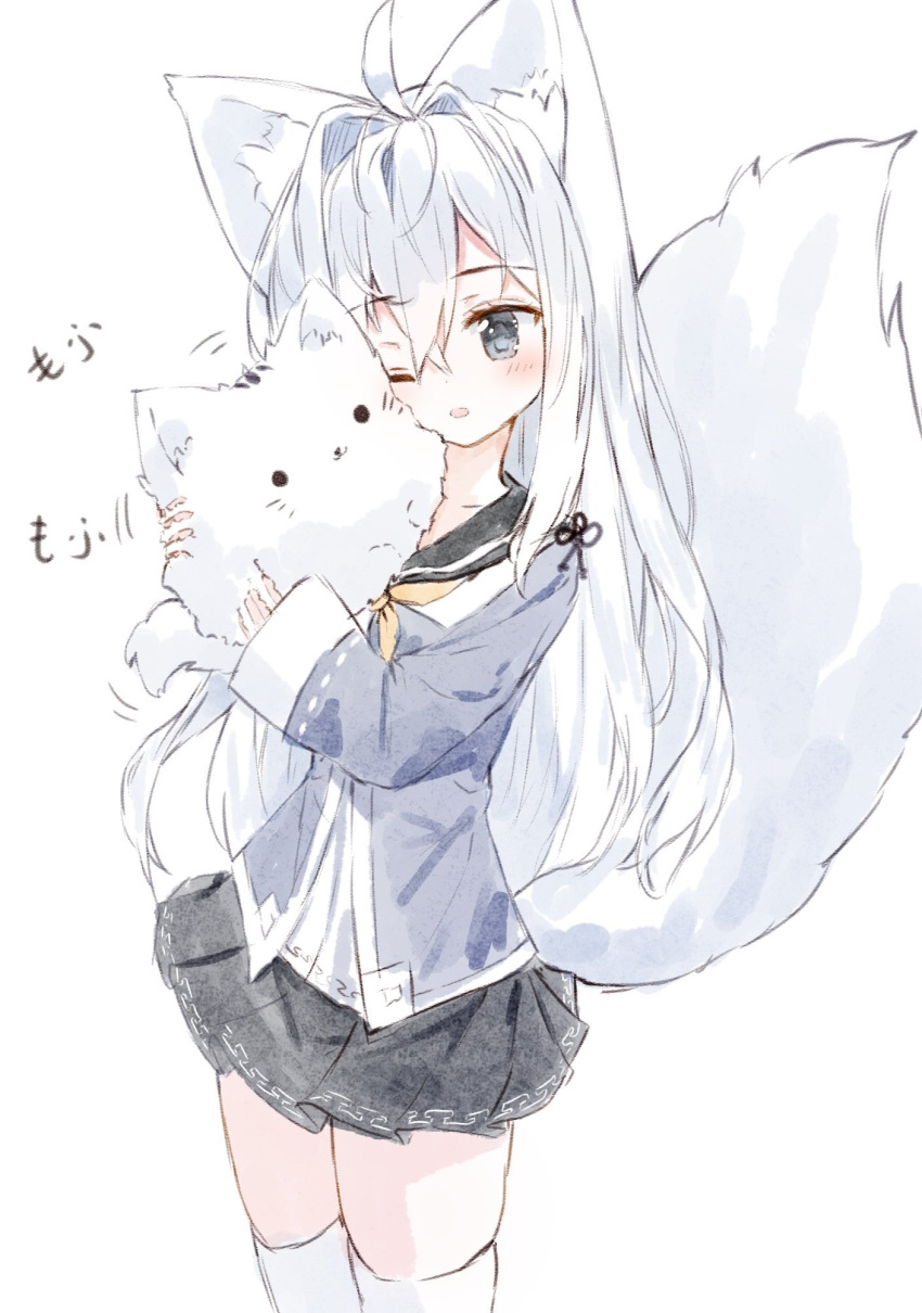 1girl ;o ahoge animal animal_ear_fluff animal_ears bangs black_sailor_collar black_skirt blue_jacket blush cat commentary_request eyebrows_visible_through_hair fox_ears fox_girl fox_tail grey_eyes hair_between_eyes hair_intakes highres holding holding_animal holding_cat jacket long_hair long_sleeves one_eye_closed original parted_lips ping_myu_ring_(tandohark) pleated_skirt sailor_collar shirt simple_background skindentation skirt sleeves_past_wrists solo tail tail_raised tandohark thigh-highs very_long_hair white_background white_hair white_legwear white_shirt