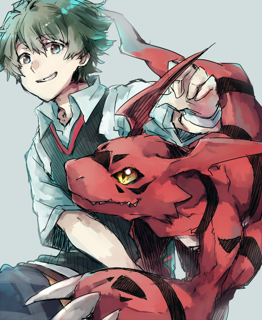 1boy black_eyes body_markings character_request digimon eyebrows_visible_through_hair green_hair grey_background guilmon hatching_(texture) highres male_focus monster parted_lips red_skin short_hair simple_background sketch smile tail takase_(takase1214) teeth white_wristband wristband yellow_eyes
