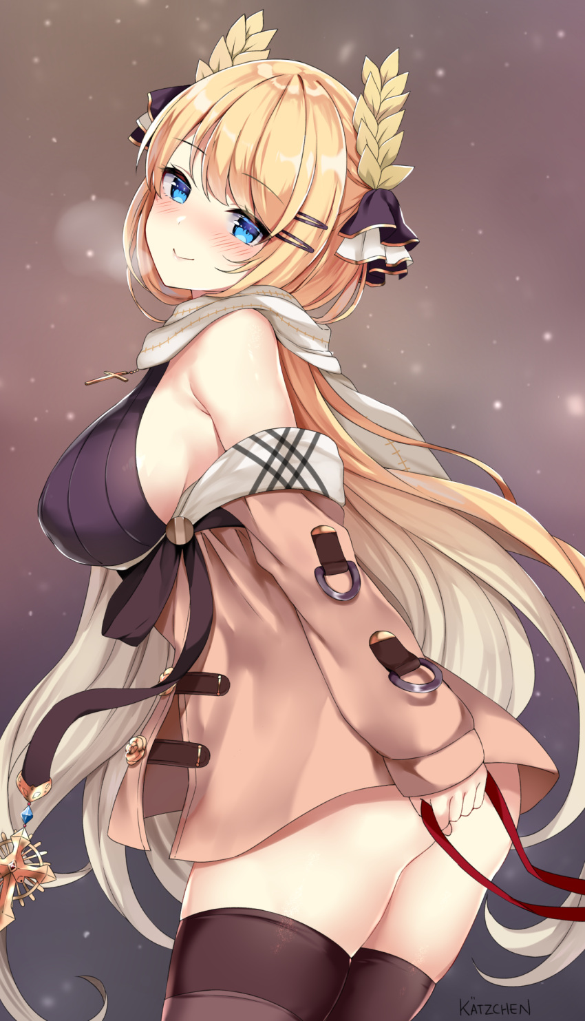 1girl alternate_costume artist_name ass azur_lane bag bangs bare_shoulders black_legwear black_sweater blonde_hair blue_eyes blue_sky blush breasts breathing brown_coat can clouds coat coat_dress commentary_request cross cross_necklace eyebrows_visible_through_hair hair_ornament hair_ribbon hairclip highres holding holding_bag jewelry kaetzchen large_breasts laurel_crown long_hair looking_at_viewer necklace off_shoulder ribbed_sweater ribbon scarf sideboob sidelocks skindentation sky smile solo sweater sweater_vest thigh-highs very_long_hair victorious_(azur_lane)