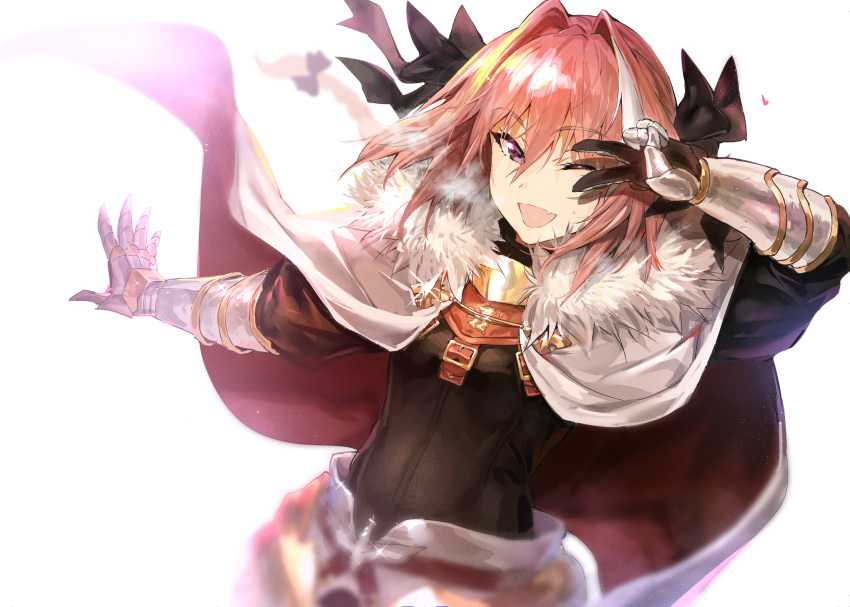 1boy astolfo_(fate) bangs black_bow black_shirt bow braid breastplate cape fate/apocrypha fate_(series) faulds fur_trim gauntlets hair_between_eyes hair_intakes hand_gesture highres iku_(ikuchan_kaoru) long_braid long_hair long_sleeves looking_at_viewer male_focus multicolored_hair one_eye_closed open_mouth pink_hair shirt simple_background single_braid smile solo streaked_hair trap two-tone_hair v violet_eyes white_background