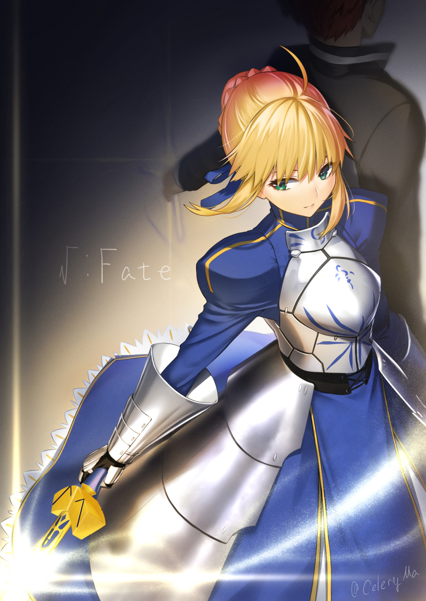 1boy 1girl absurdres ahoge armor armored_dress artoria_pendragon_(all) black_jacket blonde_hair blue_ribbon braided_bun breastplate celeryma copyright_name emiya_shirou excalibur fate/stay_night fate_(series) faulds gauntlets green_eyes hair_ribbon highres holding holding_sword holding_weapon jacket long_sleeves ribbon saber short_hair_with_long_locks sidelocks standing sword weapon