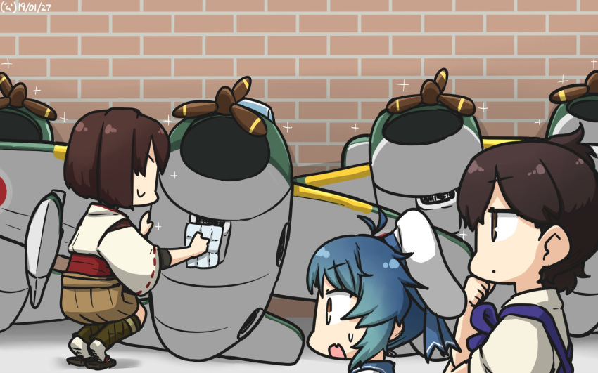 3girls airplane_costume blue_hair blue_sailor_collar brick_wall brown_eyes brown_hair brown_hakama commentary_request costume dated fang fukae_(kantai_collection) gradient_hair hakama hamu_koutarou hand_on_own_chin hat highres hyuuga_(kantai_collection) japanese_clothes kaga_(kantai_collection) kantai_collection long_hair multicolored_hair multiple_girls open_mouth profile sailor_collar sailor_hat school_uniform serafuku short_hair side_ponytail sidelocks squatting tasuki tsurime undershirt white_hat