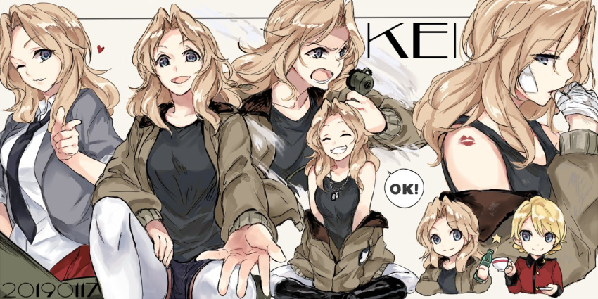 2019 2girls bandage bare_shoulders black_shirt black_tank_top blonde_hair blue_eyes closed_eyes collar collarbone cup darjeeling dated denim denim_shorts dog_tags english_text eyebrows eyebrows_visible_through_hair girls_und_panzer heart jacket jewelry kay_(girls_und_panzer) lipstick_mark long_hair multiple_girls necklace necktie one_eye_closed open_mouth saunders_military_uniform saunders_school_uniform school_uniform shirt short_hair shorts sitting smile soda_bottle speech_bubble st._gloriana's_military_uniform star tank_top teacup teeth thigh-highs toast_(gesture) yuuyu_(777)