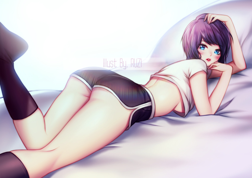 1girl artist_name ass black_legwear black_shorts blue_eyes blush breasts cropped_shirt eyelashes foot_up hand_on_own_head kneehighs leg_up lying on_bed on_stomach original parted_lips purple_hair red_lips ruzi shirt short_hair short_sleeves shorts solo thighs under_boob white_shirt