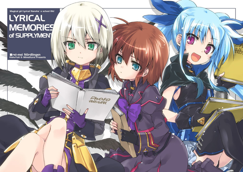 3girls :d armored_skirt artist_name bangs black_cape black_gloves black_jacket black_legwear black_leotard black_wings blue_background blue_eyes blue_hair blue_ribbon book boots bow bowtie brown_hair cape circle_name closed_mouth copyright_name cover cover_page doujin_cover dress english_text feathered_wings fingerless_gloves frown gloves green_eyes hair_ornament hair_ribbon highlights holding holding_book jacket kneeling kuroi_mimei legs_crossed leotard light_blush long_hair long_sleeves looking_at_viewer lyrical_nanoha magical_girl mahou_shoujo_lyrical_nanoha mahou_shoujo_lyrical_nanoha_a's mahou_shoujo_lyrical_nanoha_a's_portable:_the_battle_of_aces material-d material-l material-s medium_dress miniskirt multicolored_hair multiple_girls open_mouth overskirt pleated_dress purple_bow purple_dress purple_gloves purple_neckwear reading ribbon short_dress short_hair silver_hair sitting skirt sleeveless smile smirk thigh-highs thigh_boots violet_eyes white_skirt wings x_hair_ornament