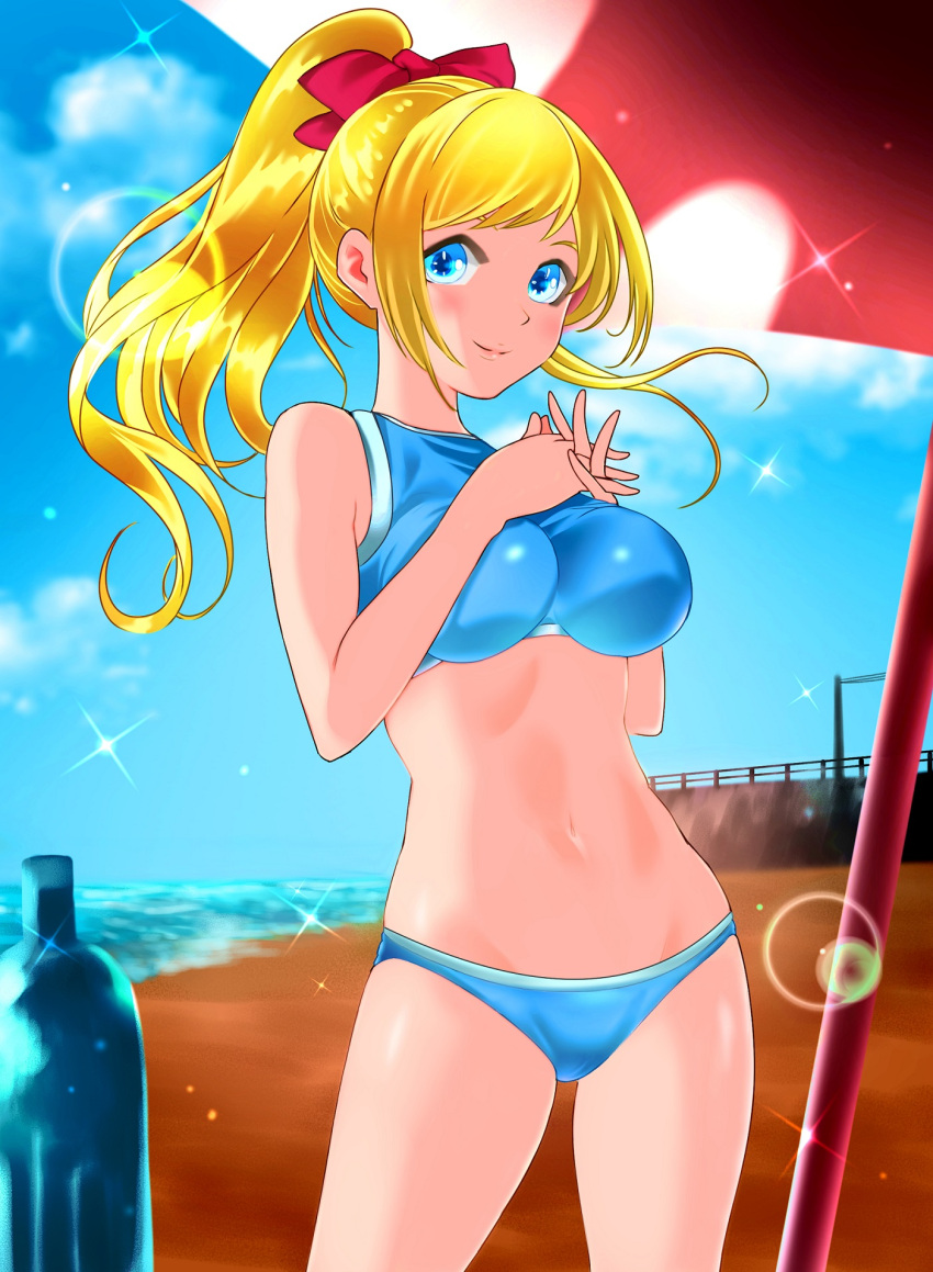 1girl ayase_eli beach beach_umbrella bikini blonde_hair blue_bikini blue_eyes blue_sky blurry bottle breasts clouds commentary_request contrapposto day depth_of_field hair_ribbon hands_clasped highres large_breasts lens_flare long_hair looking_at_viewer love_live! love_live!_school_idol_project outdoors own_hands_together ponytail red_ribbon ribbon sky smile solo solo07450075 standing swimsuit tank_top tankini umbrella