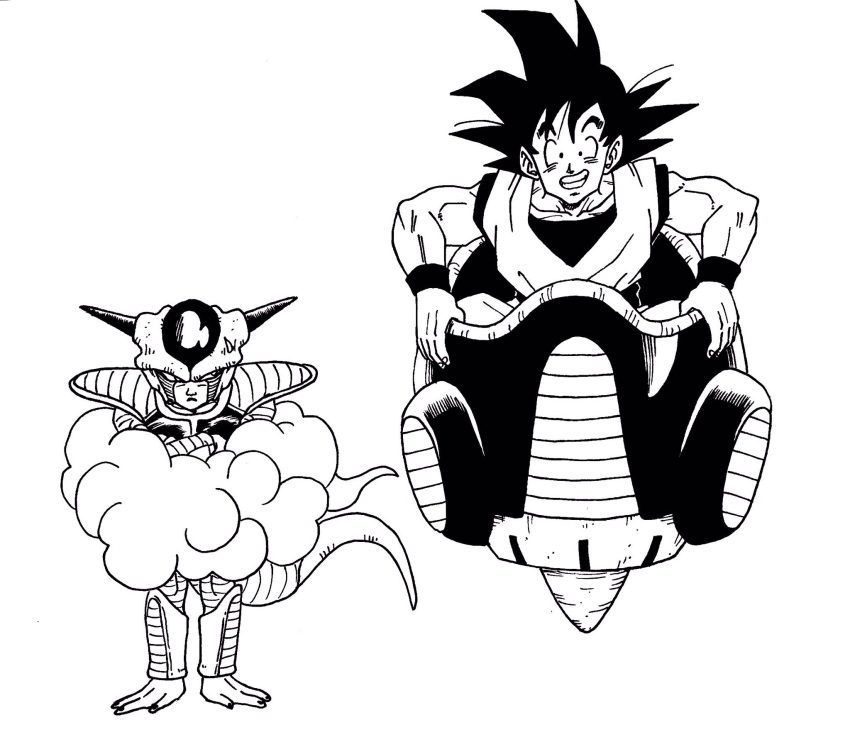 2boys annoyed black_eyes black_hair clenched_teeth commentary_request crossed_arms dougi dragon_ball flying_nimbus flying_vehicle frieza frown grin height_difference highres horns lee_(dragon_garou) looking_at_another looking_at_viewer male_focus monochrome multiple_boys short_hair simple_background sitting smile son_gokuu space_craft spiky_hair standing sweatdrop teeth white_background wristband