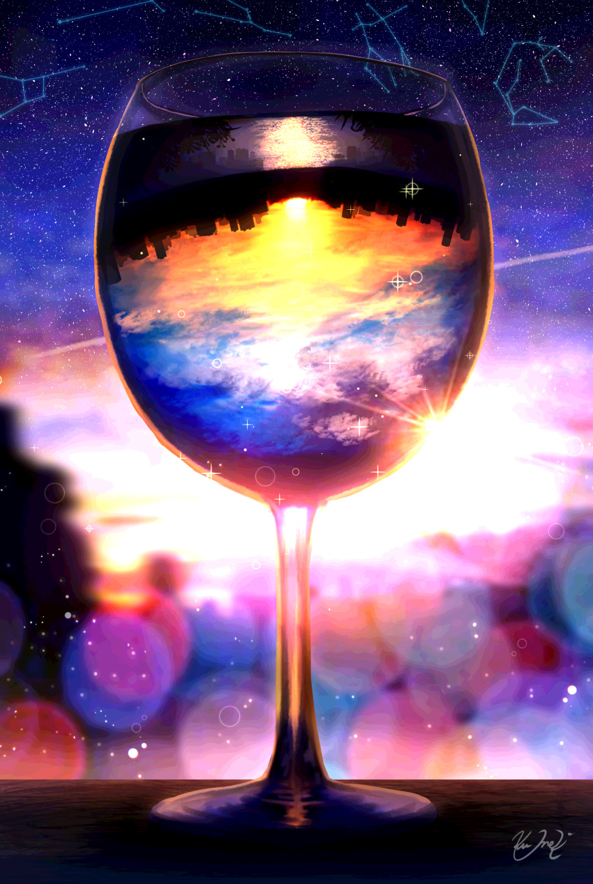 absurdres blurry blurry_background cityscape clouds cloudy_sky comic commentary_request constellation cup drinking_glass gradient_sky highres kumeki_(kk4615) lens_flare no_humans original reflection signature sky sparkle star_(sky) starry_sky still_life sunlight wine_glass