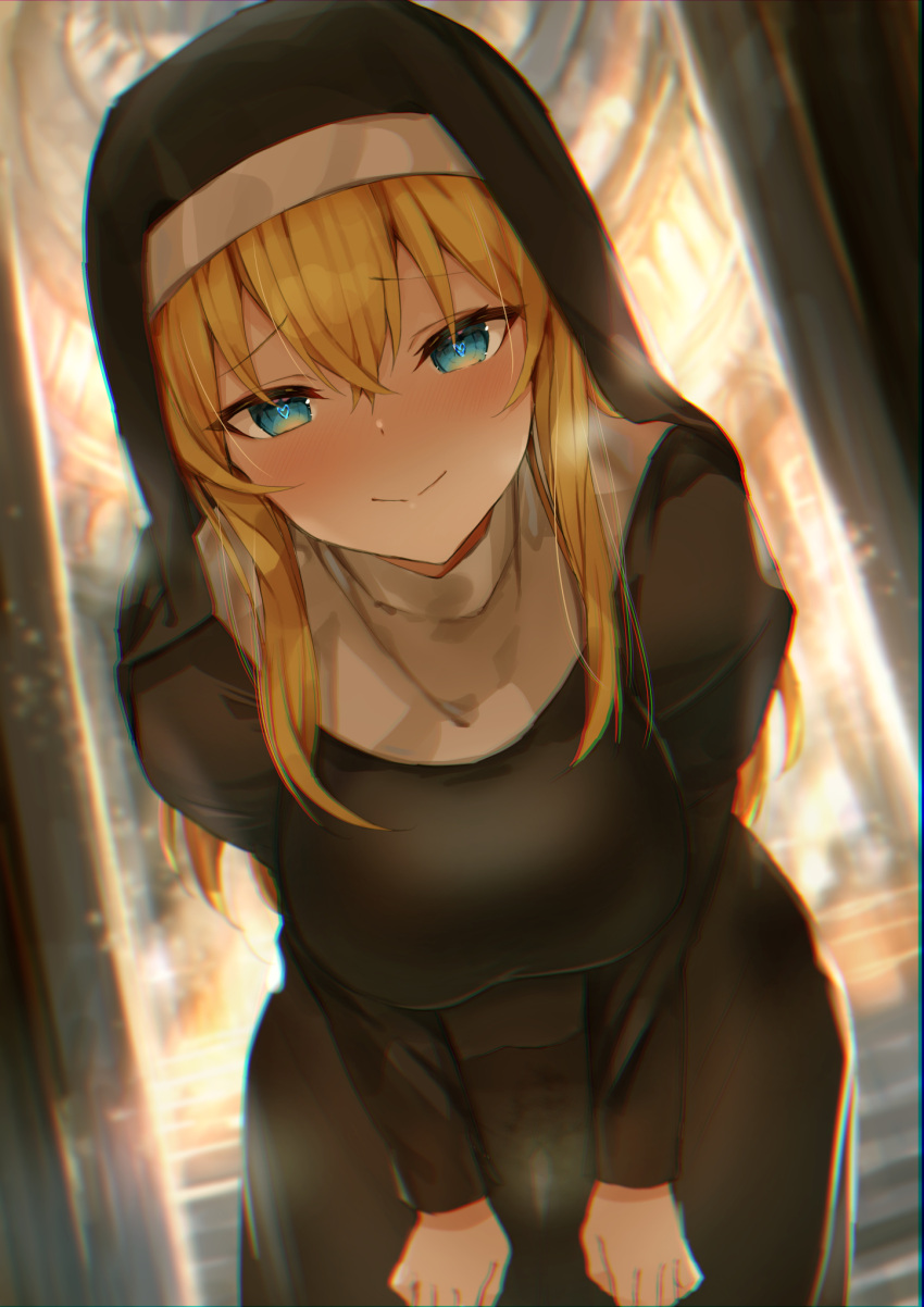 1girl amamitsu_kousuke bangs blonde_hair blue_eyes blurry blurry_background blush breasts chromatic_aberration church closed_mouth cross eyebrows_visible_through_hair habit hair_between_eyes heart heart-shaped_pupils highres indoors large_breasts leaning_forward long_hair looking_at_viewer nun original sidelocks smile solo symbol-shaped_pupils