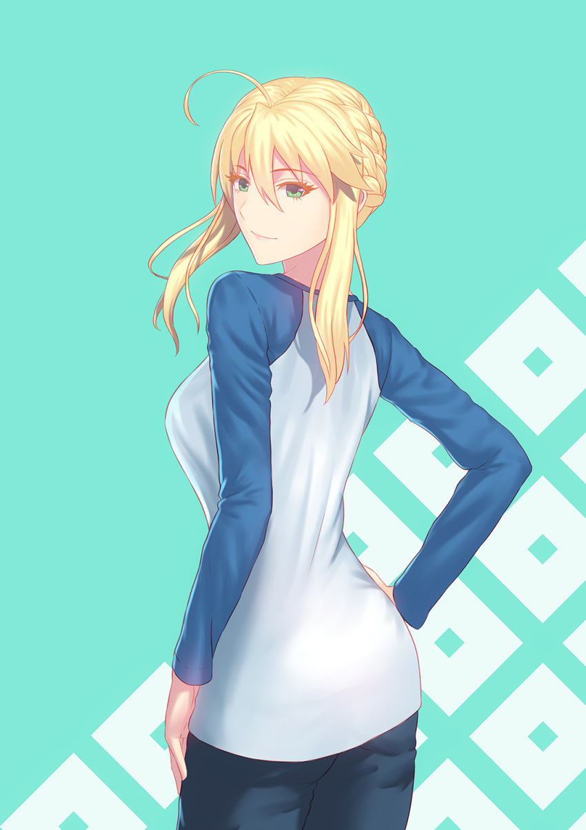 1girl ahoge artoria_pendragon_(all) blue_pants blue_sleeves braided_bun cowboy_shot eyebrows_visible_through_hair fate/stay_night fate_(series) fateline_alpha from_behind green_eyes hair_between_eyes hand_on_hip highres long_sleeves looking_at_viewer looking_back older pants saber shirt short_hair_with_long_locks sidelocks solo standing white_shirt