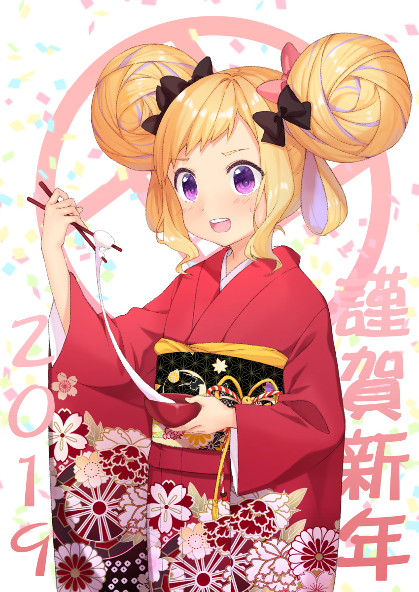 1girl 2019 :d absurdres bangs blonde_hair blush bow bowl braid brown_bow chopsticks commentary_request confetti double_bun elise_(fire_emblem_if) fire_emblem fire_emblem_if floral_print hair_bow highres holding holding_bowl holding_chopsticks japanese_clothes kimono long_sleeves looking_away mochi nintendo obi open_mouth pink_bow print_kimono red_kimono round_teeth sash side_braid sidelocks smile solo teeth transistor upper_teeth violet_eyes white_background wide_sleeves