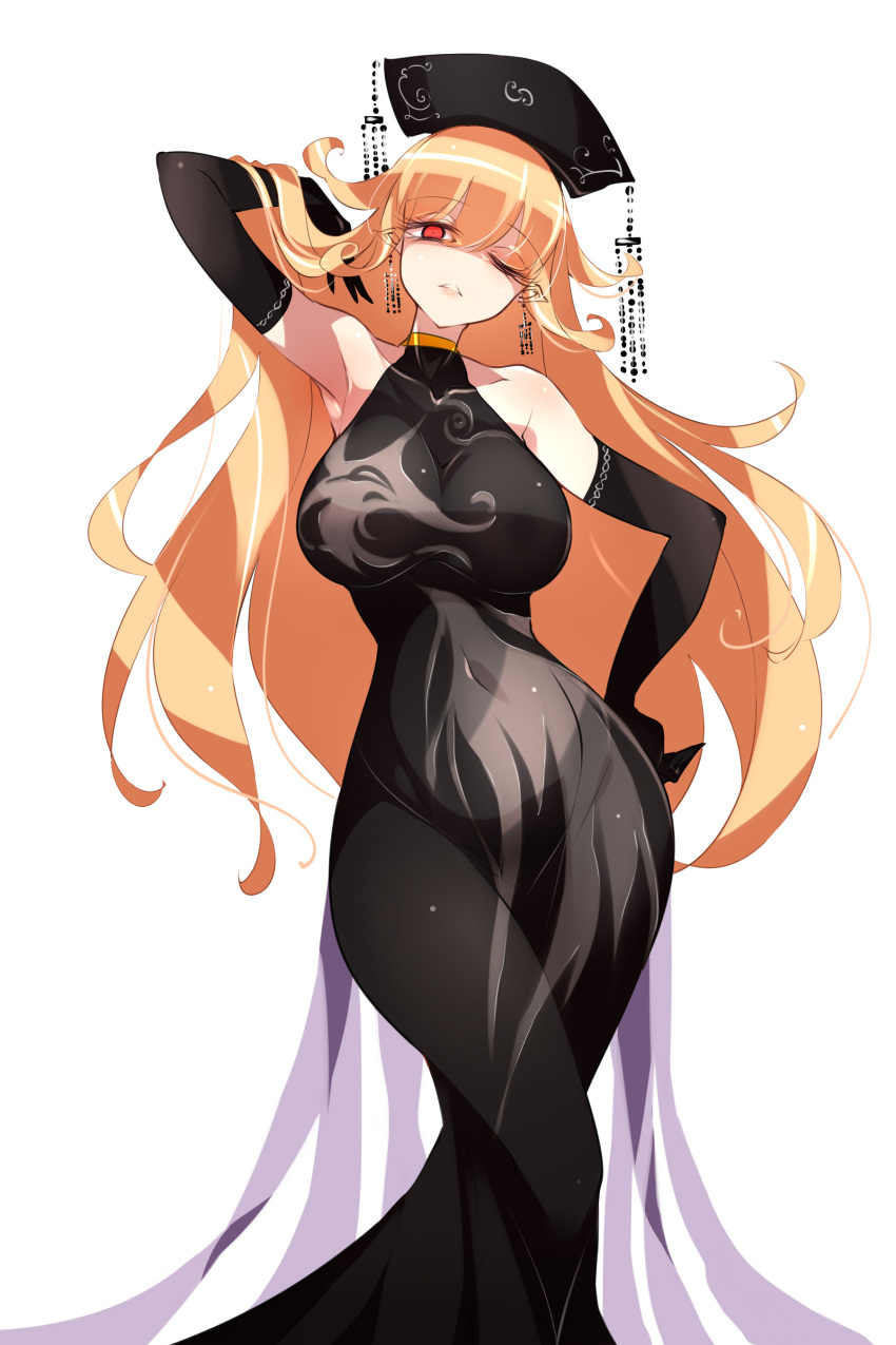 1girl absurdres alternate_costume arm_up armpits bangs bare_shoulders black_dress black_gloves blonde_hair breasts commentary covered_navel curvy dress earrings elbow_gloves english_commentary eyebrows_visible_through_hair eyelashes feet_out_of_frame gloves hair_between_eyes hand_on_hip headdress highres jewelry junko_(touhou) large_breasts legs_crossed long_hair looking_at_viewer no_nose one_eye_closed parted_lips pointy_ears raptor7 red_eyes simple_background sleeveless sleeveless_dress solo standing thighs touhou very_long_hair white_background