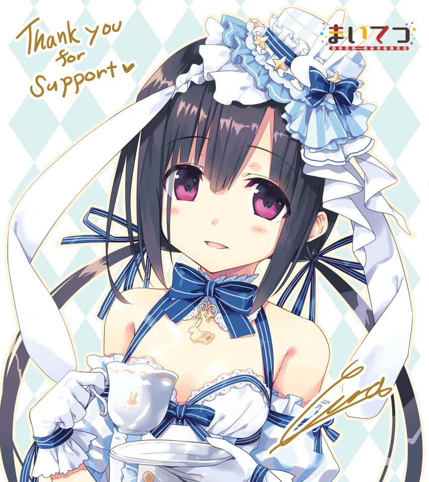 1girl :d absurdres animal_ears argyle argyle_background bangs bare_shoulders black_hair blue_bow blue_ribbon blush bow breasts cup cura detached_sleeves dress english_text eyebrows_visible_through_hair gloves hair_between_eyes hair_ribbon hat hayase_fukami highres holding holding_cup holding_saucer long_hair low_twintails maitetsu mini_hat mini_top_hat open_mouth puffy_sleeves rabbit_ears ribbon saucer signature small_breasts smile solo striped striped_bow striped_ribbon teacup thank_you tilted_headwear top_hat twintails very_long_hair violet_eyes white_dress white_gloves white_hat
