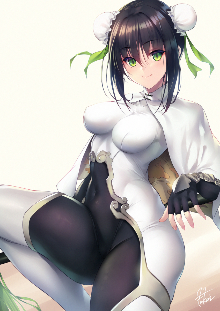 1girl bangs black_gloves black_hair blush bodysuit breasts bun_cover cape chinese_clothes cloud_print commentary_request covered_navel double_bun fate/grand_order fate_(series) fingerless_gloves fukai_ryousuke gloves gradient gradient_background green_eyes green_ribbon hair_ribbon highres hips leg_up looking_at_viewer medium_breasts polearm qin_liangyu_(fate) ribbon sidelocks signature solo spear thighs weapon white_background white_bodysuit