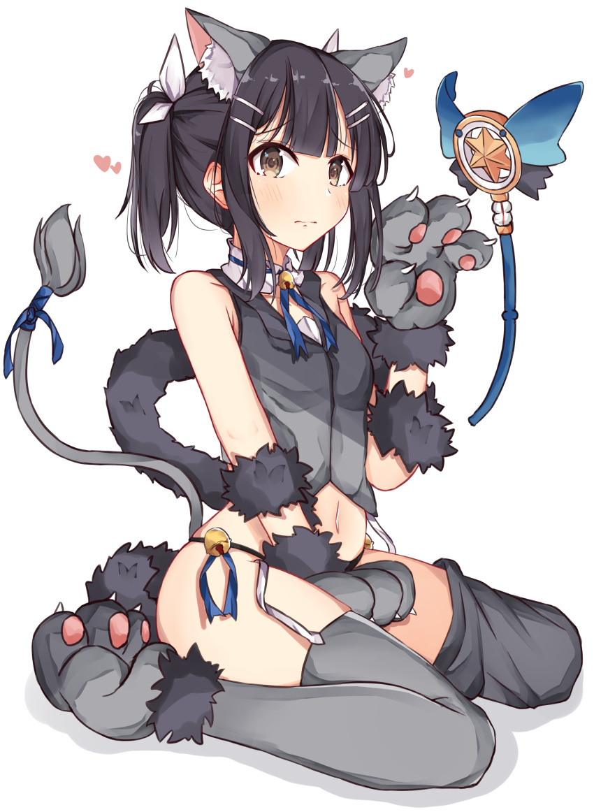 1girl absurdres animal_ears bangs bare_shoulders bell black_hair black_panties blue_ribbon blush breasts brown_eyes cat_ears cat_paws cat_tail commentary_request crop_top detached_collar fate/kaleid_liner_prisma_illya fate_(series) feathers fur_trim gloves grey_gloves grey_legwear hair_feathers hair_ornament hairclip highres hips jingle_bell kaleidostick long_hair looking_at_viewer magical_sapphire miyu_edelfelt navel neck_ribbon norazura open_mouth panties paw_gloves paw_shoes paws ribbon shoes simple_background sitting small_breasts solo tail thigh-highs thighs twintails underwear wand wariza white_background