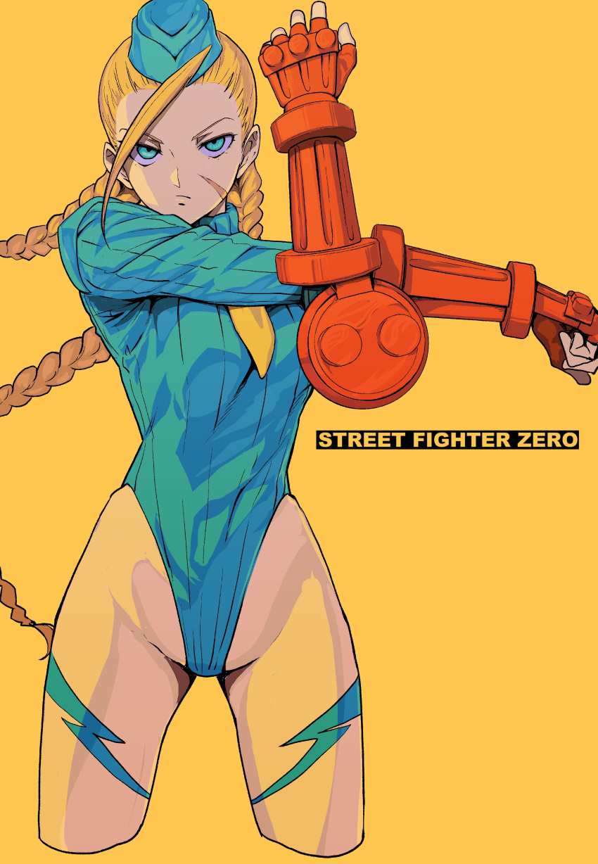 1girl absurdres after_(artist) ahoge antenna_hair blonde_hair blue_leotard bodypaint braid cammy_white camouflage fingerless_gloves garrison_cap gloves hat highres huge_ahoge leotard long_hair looking_at_viewer necktie scar serious sleeveless solo street_fighter street_fighter_zero_(series) stretch thong_leotard twin_braids upper_body yellow_background