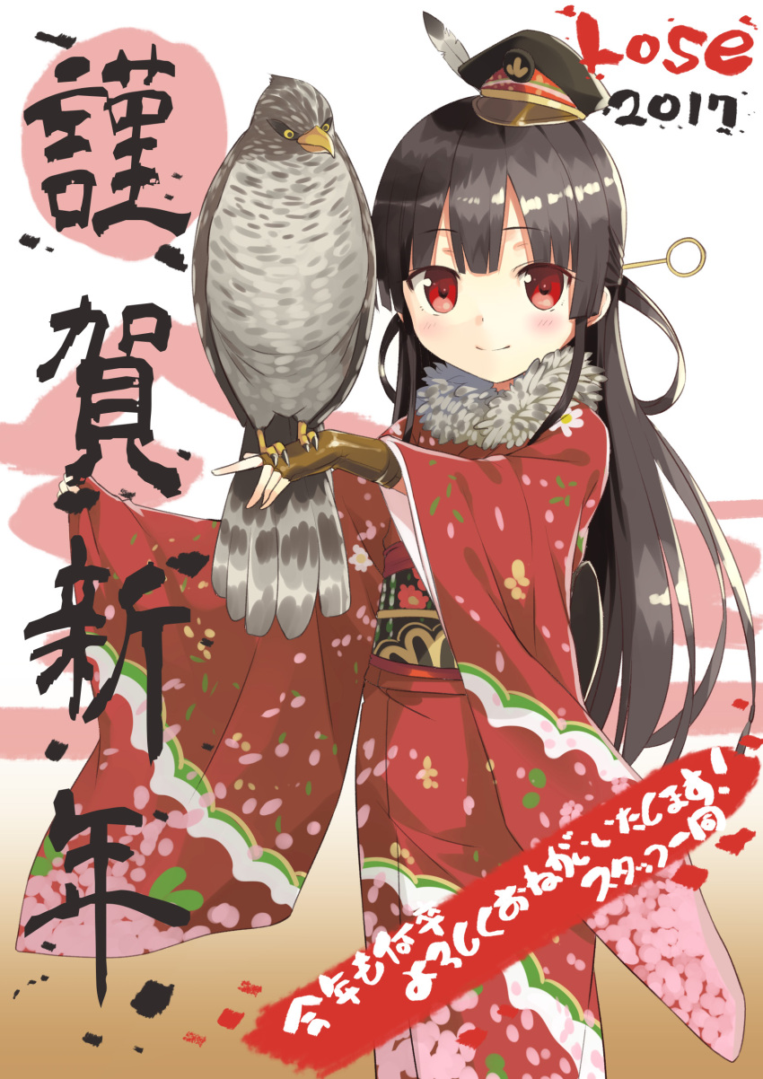 1girl 2017 animal bangs bird bird_on_hand bird_request black_hair black_hat blush brown_gloves closed_mouth cura eyebrows_visible_through_hair fingerless_gloves floral_print fur_collar gloves hachiroku_(maitetsu) hair_ornament hat highres japanese_clothes kimono long_hair maitetsu mini_hat obi peaked_cap pinching_sleeves print_kimono red_eyes red_kimono sash sleeves_past_wrists smile solo translated very_long_hair