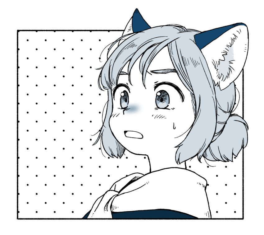 1girl akai_sashimi animal_ear_fluff animal_ears blush border cat_ears frame furrowed_eyebrows looking_away monochrome nose_blush open_mouth original polka_dot polka_dot_background portrait short_hair solo tareme wide-eyed