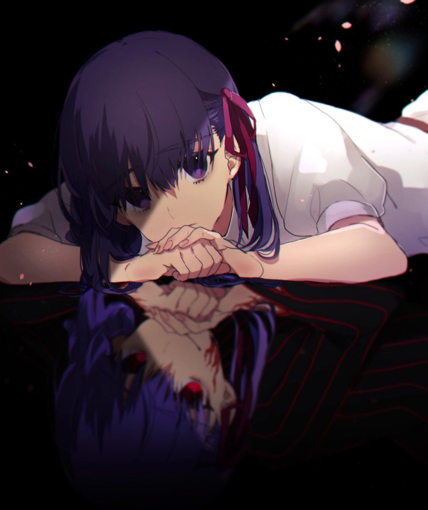 1girl bangs black_dress blurry chinanan closed_mouth commentary_request dark_background dark_sakura depth_of_field different_reflection dress expressionless eyebrows_visible_through_hair fate/stay_night fate_(series) fingernails hair_ribbon heaven's_feel highres long_hair lying matou_sakura on_stomach own_hands_together petals pink_ribbon puffy_short_sleeves puffy_sleeves purple_hair red_eyes reflection reflective_floor ribbon short_sleeves smug striped striped_dress violet_eyes white_dress