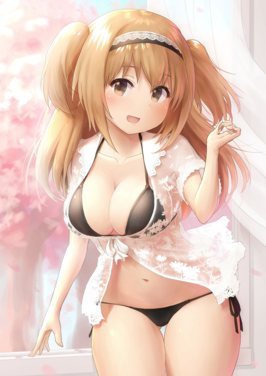 1girl alternate_costume bangs bikini blush breasts brown_eyes cleavage collarbone commentary_request cowboy_shot eyebrows_visible_through_hair gluteal_fold hair_between_eyes hair_ornament hairband highres i-26_(kantai_collection) kantai_collection large_breasts looking_at_viewer navel open_mouth orange_hair side-tie_bikini smile solo standing string_bikini swimsuit thighs wamu_(chartreuse)