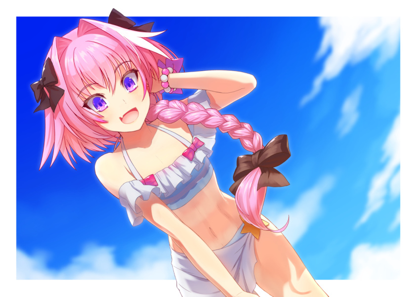1boy :d androgynous astolfo_(fate) black_bow blue_sky blurry blurry_background bow bracelet braid clouds collarbone dutch_angle fate/apocrypha fate_(series) flat_chest hair_bow hair_over_shoulder hand_in_hair inugoya jewelry leaning_forward long_hair looking_at_viewer navel open_mouth pink_hair single_braid sky smile solo standing trap violet_eyes