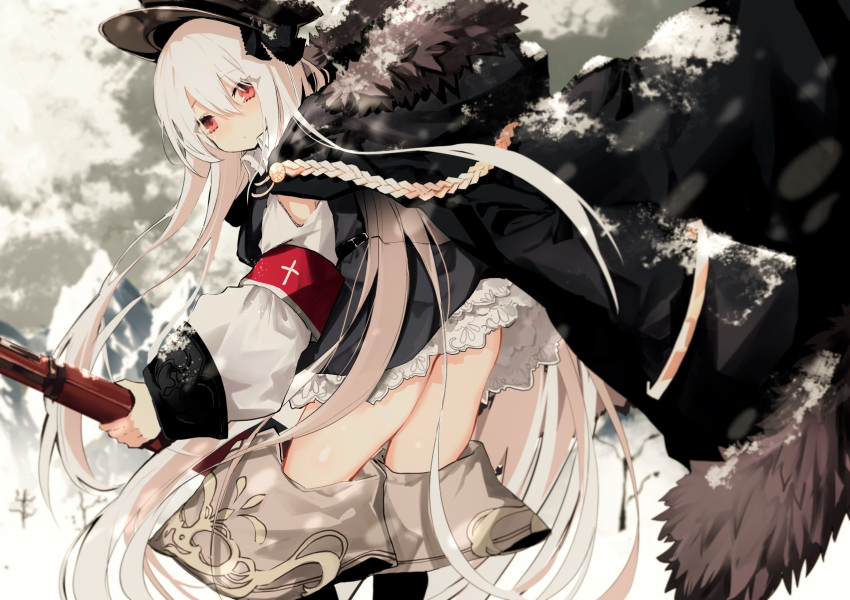 1girl aiguillette bangs black_hat black_jacket bolt_action closed_mouth commentary_request cowboy_shot dress fur_collar girls_frontline grey_dress gun hair_between_eyes hat highres holding holding_gun holding_weapon jacket jacket_on_shoulders kar98k_(girls_frontline) long_hair long_sleeves looking_at_viewer looking_back mauser_98 military military_uniform naruwe open_clothes open_jacket peaked_cap puffy_sleeves red_eyes rifle sniper_rifle solo thigh-highs thighs uniform very_long_hair weapon white_hair