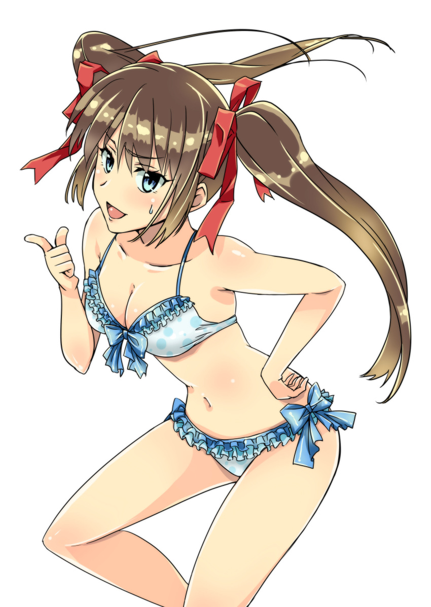 1girl :d absurdres ayame_kotoko bikini blue_bow blue_eyes bow breasts brown_hair chiharu_(9654784) chuuko_demo_koi_ga_shitai! cleavage collarbone eyebrows_visible_through_hair floating_hair frilled_bikini frills hair_between_eyes hair_ribbon hand_on_hip highres index_finger_raised leaning_forward long_hair navel open_mouth polka_dot polka_dot_bikini red_ribbon ribbon shiny shiny_hair simple_background smile solo sweatdrop swimsuit twintails very_long_hair white_background white_bikini