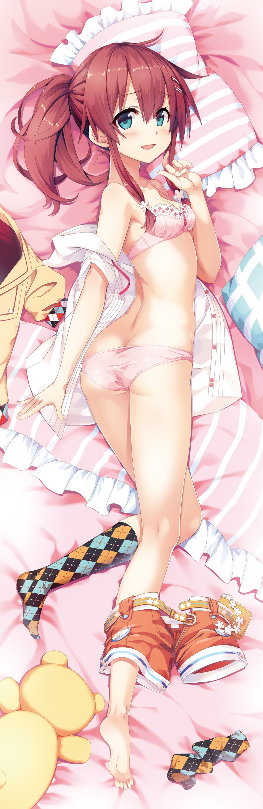 1girl :d absurdres ahoge argyle argyle_legwear ass asymmetrical_legwear bangs barefoot bed_sheet belt belt_buckle blue_eyes blush bow bow_bra bra breasts brown_belt buckle cura dakimakura dress_shirt eyebrows_visible_through_hair feet fingernails frilled_pillow frills hair_between_eyes hair_ornament hairclip hand_up highres jacket jacket_removed kneehighs kneehighs_removed long_hair looking_at_viewer lying maitetsu migita_hibiki no_shoes on_side open_clothes open_mouth open_shirt orange_shorts panties pillow pink_bra pink_panties ponytail puffy_short_sleeves puffy_sleeves redhead shirt short_shorts short_sleeves shorts shorts_around_one_leg single_kneehigh small_breasts smile soles solo stuffed_animal stuffed_toy teddy_bear toes underwear undone_belt white_shirt yellow_jacket