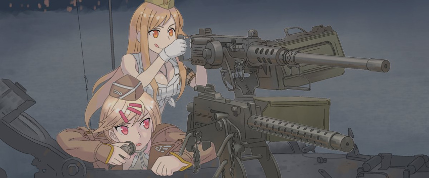 2girls ammo_box artist_request fury_(movie) girls_frontline ground_vehicle gun hat hatch licking_lips m1919 m1919_(girls_frontline) m2hb_(girls_frontline) m4_sherman machine_gun military military_hat military_vehicle motor_vehicle multiple_girls parody radio tank tongue tongue_out weapon world_war_ii