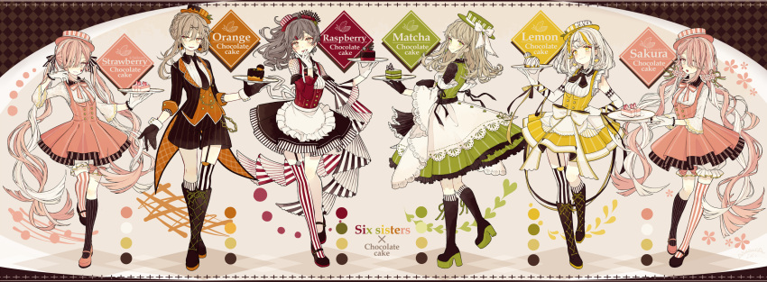 6+girls akakura apron arm_ribbon bangs black_footwear black_gloves black_legwear black_neckwear black_ribbon black_shorts blonde_hair bloomers blush boots bow braid cake chains chocolate_cake coattails collared_shirt color_guide cross-laced_footwear detached_sleeves dress earrings elbow_gloves english_text facial_mark fishnets flower food french_braid frilled_apron frilled_sleeves frills frown fruit full_body garter_straps gloves green_dress green_eyes green_hat grey_hair hair_between_eyes hair_flower hair_ornament hair_over_one_eye hair_ribbon hairclip hand_on_hip hand_to_own_mouth hat hat_ribbon heart high_heels highres holding holding_tray jewelry knee_boots kneehighs lace-trimmed_sleeves lace_trim long_hair long_sleeves looking_at_viewer mary_janes medium_hair mismatched_footwear mismatched_legwear multicolored_hair multiple_girls necktie open_mouth orange_hat original over-kneehighs personification pinafore_dress pink_bow pink_dress pink_footwear pink_hair pink_hat pink_legwear pinstripe_pattern platform_footwear pleated_dress red_hat ribbon shirt shoes shorts single_kneehigh single_thighhigh sleeveless smile standing standing_on_one_leg strawberry streaked_hair striped striped_bow striped_legwear striped_ribbon striped_shorts thigh-highs tray twintails underbust underwear vertical-striped_dress vertical-striped_hat vertical-striped_legwear vertical_stripes very_long_hair waist_apron white_apron white_bow white_gloves white_hair white_ribbon wide_sleeves wrist_cuffs x_hair_ornament yellow_dress yellow_eyes yellow_hat