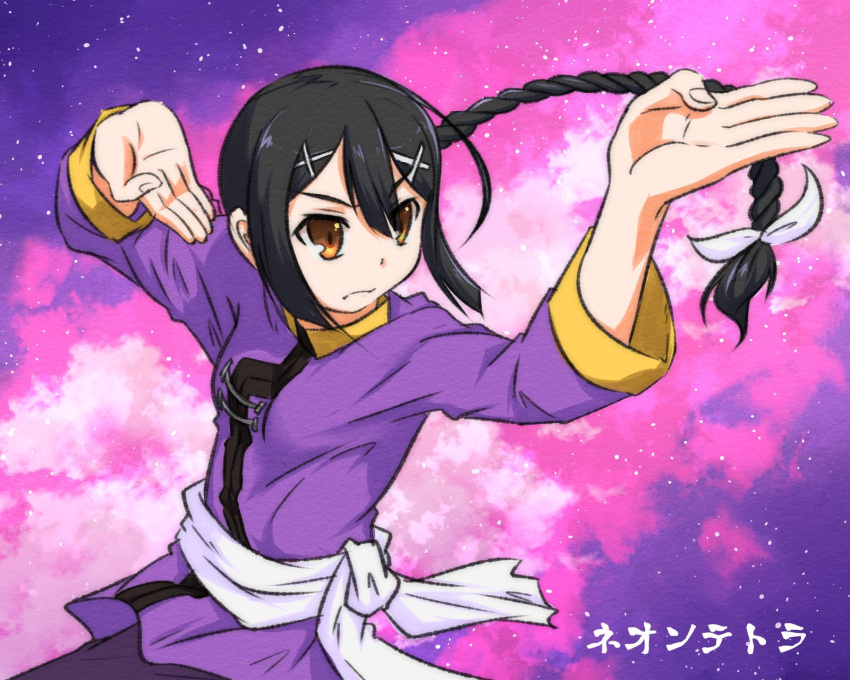 1girl artist_name black_hair blouse braid braided_tail brown_eyes cosplay fate/grand_order fate/kaleid_liner_prisma_illya fate_(series) fighting_stance frown g_gundam gundam hair_ornament highres master_asia master_asia_(cosplay) miyu_edelfelt neon-tetora pink_background purple_background purple_blouse sash solo star starry_background x_hair_ornament