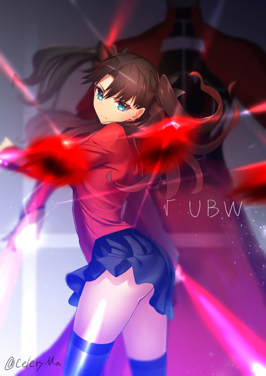 1boy 1girl absurdres archer black_bow black_legwear black_skirt blue_eyes blurry blurry_background bow brown_hair celeryma copyright_name fate/stay_night fate/unlimited_blade_works fate_(series) floating_hair hair_bow head_tilt highres long_hair long_sleeves looking_at_viewer miniskirt pleated_skirt red_shirt shiny shiny_hair shirt skirt standing thigh-highs tohsaka_rin twintails twitter_username