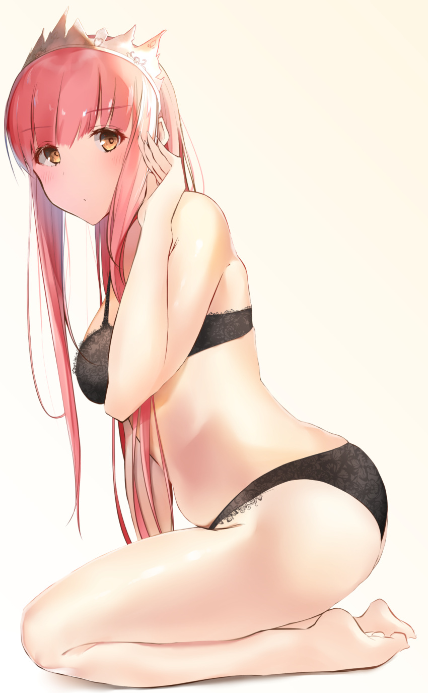 1girl ass bangs bare_arms bare_shoulders barefoot black_bra black_panties bra breasts commentary_request eyebrows_visible_through_hair fate/grand_order fate_(series) from_side full_body gradient gradient_background hairband hand_up highres kneeling lace lace-trimmed_bra long_hair looking_at_viewer looking_to_the_side medb_(fate)_(all) medb_(fate/grand_order) medium_breasts orange_eyes panties pink_background pink_hair plump solo tsukimineko underwear underwear_only white_hairband