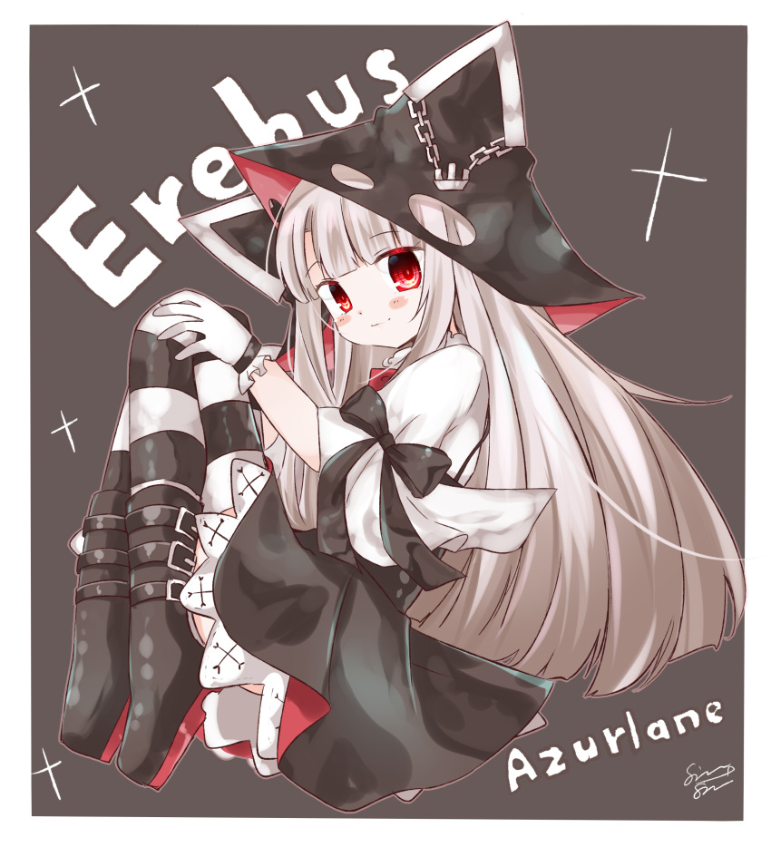 1girl absurdres anchor azur_lane bangs black_bow black_footwear black_skirt blunt_bangs blush_stickers boots bow brown_background brown_hair chains character_name closed_mouth copyright_name erebus_(azur_lane) eyebrows_visible_through_hair full_body gloves highres hood hood_up long_hair red_eyes shimashiro_itsuki shirt short_sleeves signature skirt smile solo striped striped_legwear thigh-highs thighhighs_under_boots torn_clothes two-tone_background very_long_hair white_background white_gloves white_shirt wide_sleeves