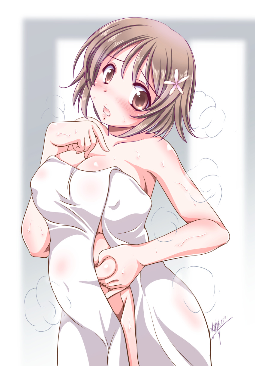 1girl absurdres belly belly_grab blush breasts brown_eyes brown_hair cleavage collarbone curvy erect_nipples eyebrows_visible_through_hair fat_folds hair_ornament hand_on_own_chest highres idolmaster idolmaster_cinderella_girls large_breasts looking_at_viewer meat_day mimura_kanako mizushiro_takuya naked_towel open_mouth plump short_hair solo steam sweat thighs towel undersized_clothes weight_conscious