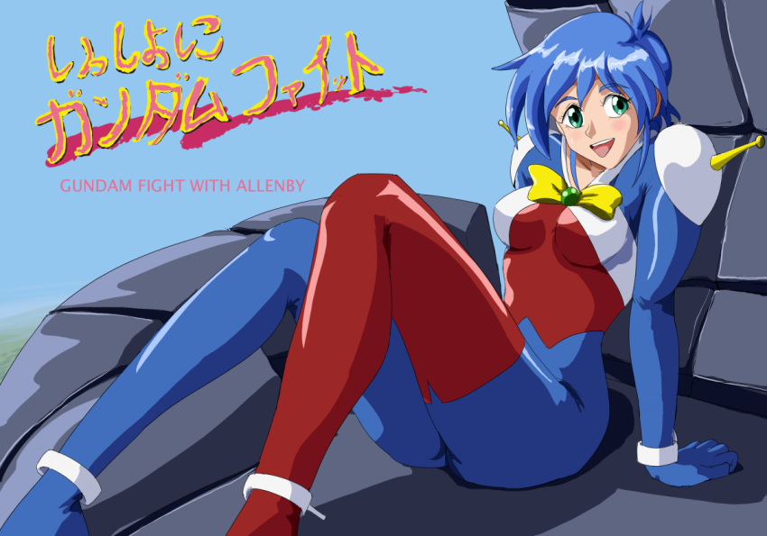 1girl allenby_beardsley blue_bodysuit blue_hair bodysuit breasts canadawbd commentary_request g_gundam gloves green_eyes gundam looking_at_viewer mobile_trace_suit multicolored multicolored_bodysuit multicolored_clothes open_mouth red_bodysuit short_hair smile solo