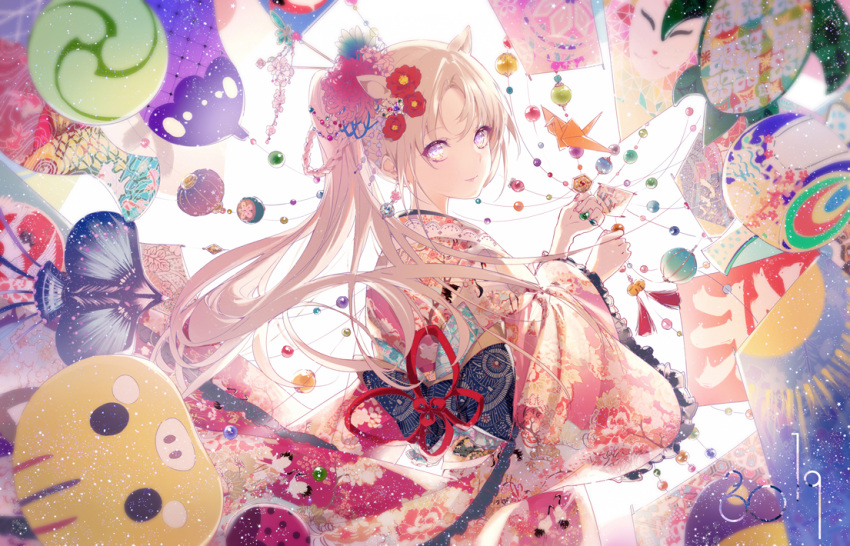 1girl animal_ears backlighting black_bow blue_flower bow closed_mouth commentary_request floral_print flower frilled_sleeves frills hair_flower hair_ornament high_ponytail holding japanese_clothes kimono kinokohime light_brown_hair long_hair long_sleeves looking_at_viewer looking_to_the_side original pink_flower print_kimono red_flower red_ribbon ribbon side_ponytail smile solo very_long_hair white_background wide_sleeves