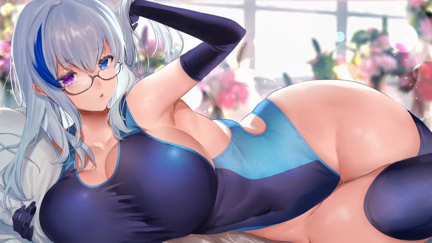1girl arm_up armpits backlighting bangs bare_shoulders black-framed_eyewear black_gloves blue_eyes blue_hair blue_swimsuit blurry breasts cleavage collarbone competition_swimsuit covered_navel day depth_of_field elbow_gloves eyebrows_visible_through_hair flower glasses gloves groin hair_between_eyes heterochromia highres indoors large_breasts lens_flare light_particles long_hair looking_at_viewer lying mimoza_(96mimo414) multicolored_hair on_side one-piece_swimsuit original parted_lips pillow semi-rimless_eyewear sidelocks solo swimsuit thighs two-tone_hair violet_eyes white_hair window