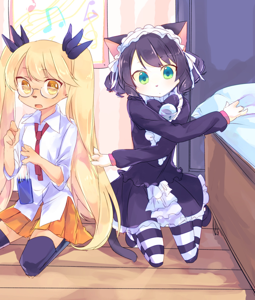 2girls animal_ears aqua_eyes bangs beamed_eighth_notes bedroom beige_fur bell black_footwear black_hair black_legwear black_neckwear blonde_hair bow bowtie cat_ears cat_girl cat_tail cellphone center_frills claws collared_shirt commentary curly_hair cyan_(show_by_rock!!) dress_shirt dropping eighth_note furry glasses gothic_lolita green_eyes hands_up highres indoors jingle_bell kyuuri_(miyako) lolita_fashion long_hair long_sleeves looking_at_viewer maid_headdress mary_janes miniskirt multicolored multicolored_eyes multiple_girls musical_note on_floor open_mouth orange_skirt outstretched_arms phone pleated_skirt quarter_rest red_neckwear retoree ringlets shirt shoes short_eyebrows short_hair show_by_rock!! skirt sleeves_rolled_up smartphone smartphone_case staff_(music) striped striped_legwear tail thigh-highs treble_clef tsurime twintails very_long_hair white_fur white_shirt wing_collar wooden_floor yellow_eyes zettai_ryouiki