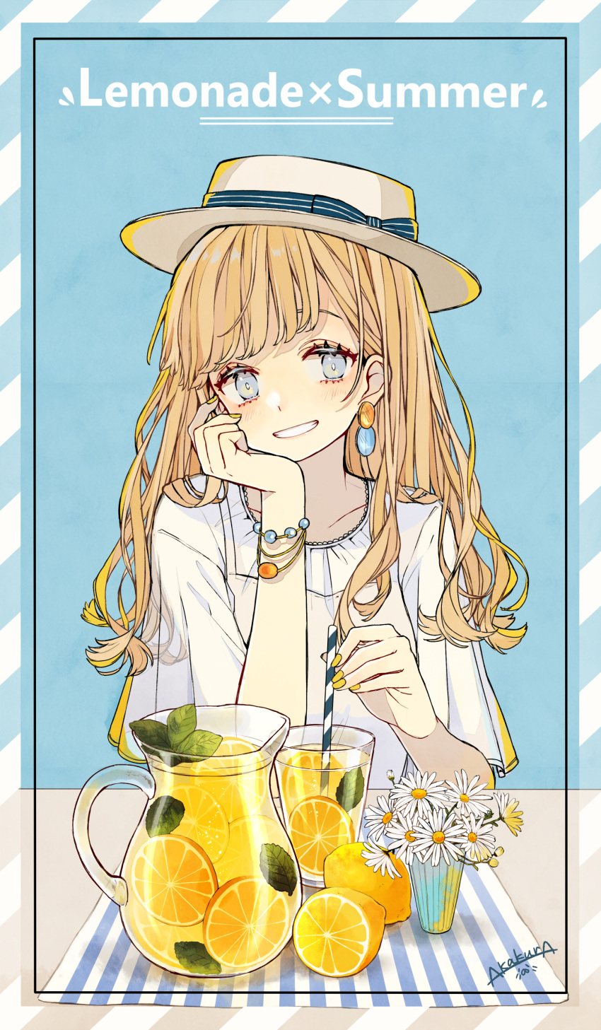 1girl absurdres akakura artist_name bangs blonde_hair blue_background blue_eyes blue_ribbon boater_hat bracelet chin_rest commentary_request daisy diagonal-striped_background diagonal_stripes drinking_straw earrings english_text flower food fruit grin hat hat_ribbon highres jewelry leaf lemon lemon_slice lemonade long_hair nail_polish original placemat ribbon short_sleeves smile striped striped_background striped_ribbon summer upper_body vase white_flower yellow_nails